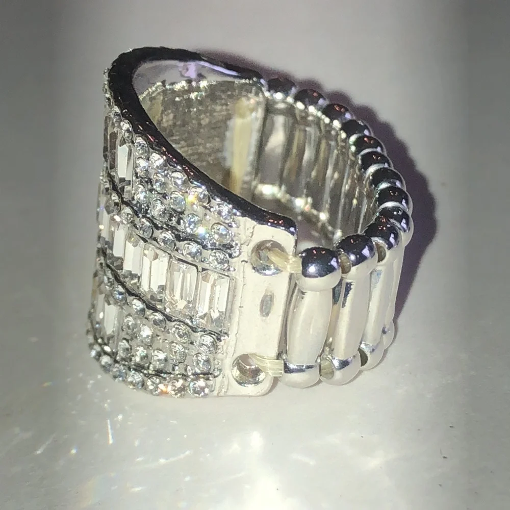Silver Tone Crystal Pave Wide Band Boho Ring